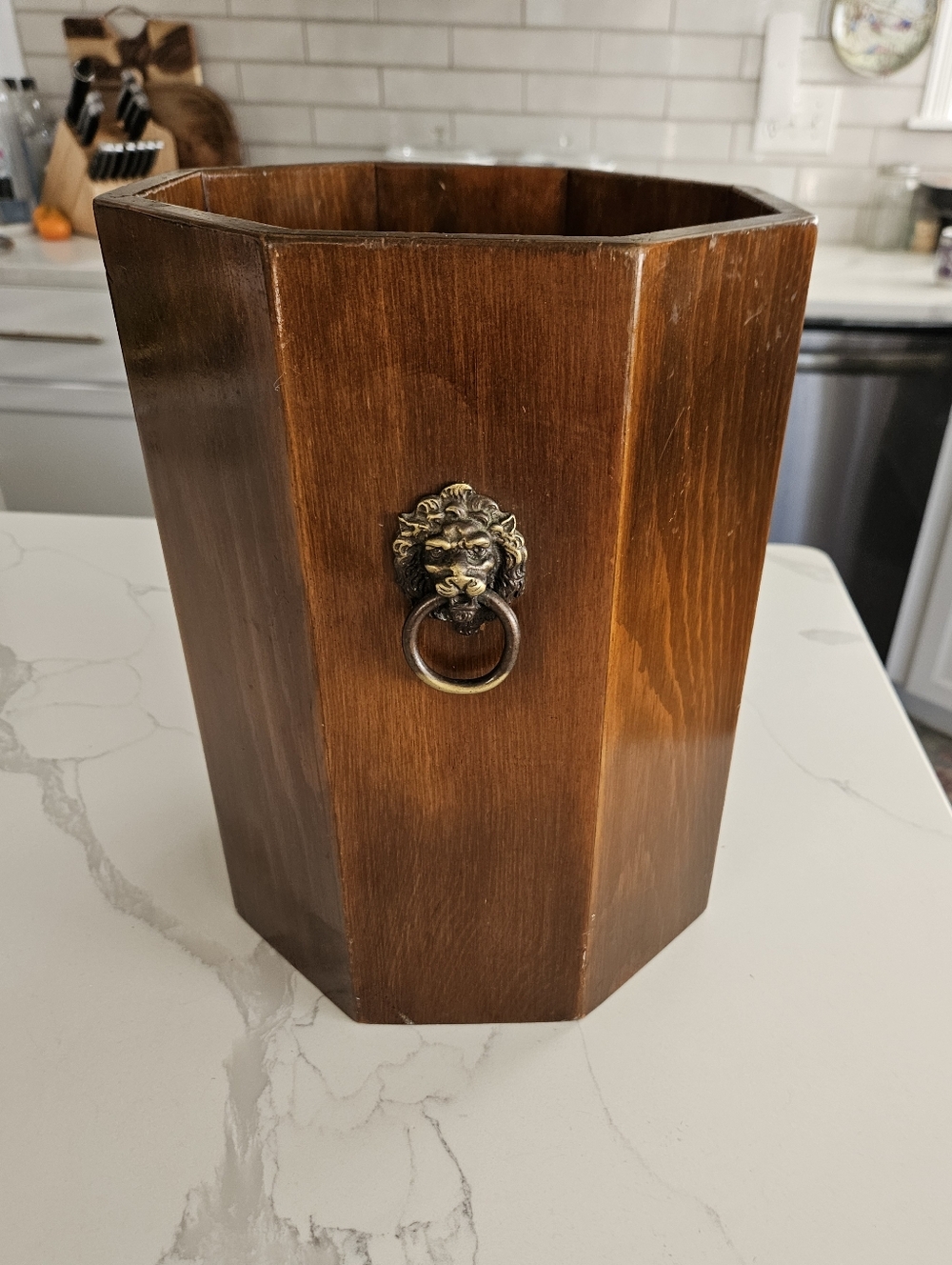 Vintage Wooden Vintage Hexagon Waste Paper Bin Brass Lion Handles